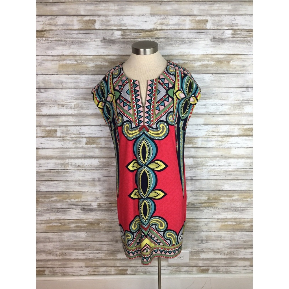 Laundry Sheath Dress by Shelli Segal Sz S Multi Colored V Neck Cap Sleeve Career